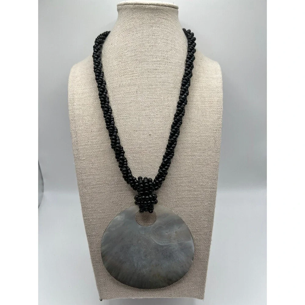 Black Seed Bead Necklace Shell Pendant Coastal Boho Statement Black Shell